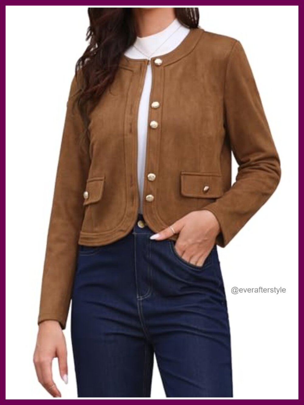 Faux Suede Cropped Jacket Collarless Button Down Casual Outerwear